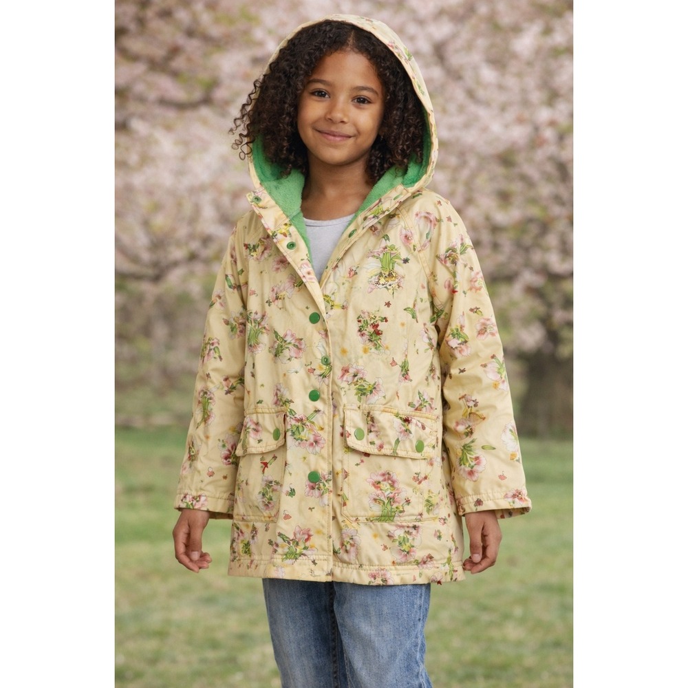 Powell Craft England Flower Fairy Raincoat Cream Green Hooded Jacket Size 6-7